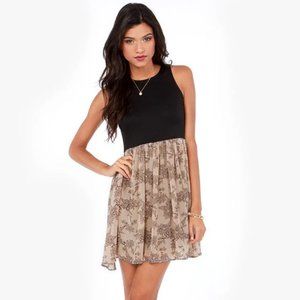 Jack BB Dakota "Becky" fit and flare black taupe sleeveless dress, 0